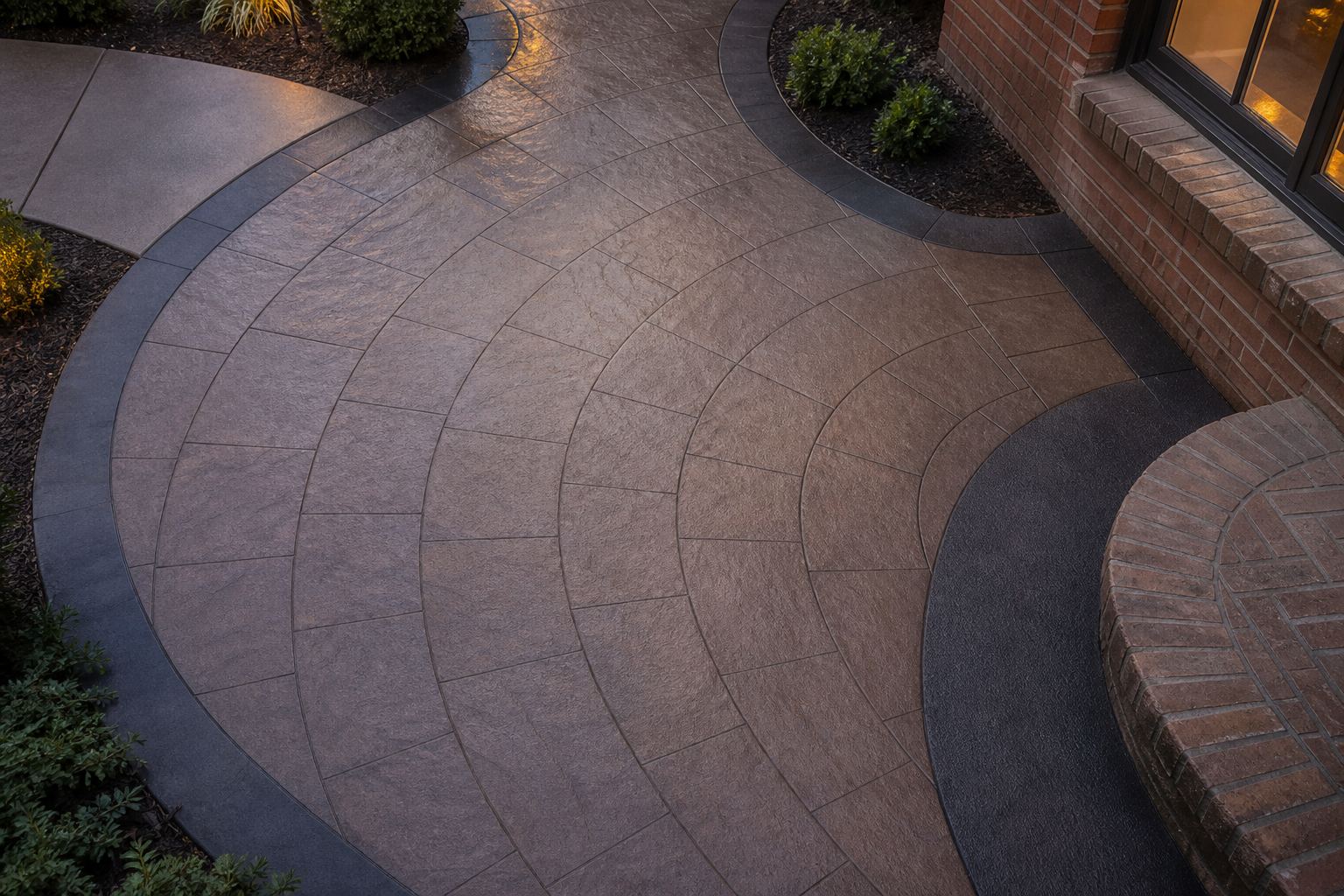 Overhead view of radial earth-toned decorative concrete